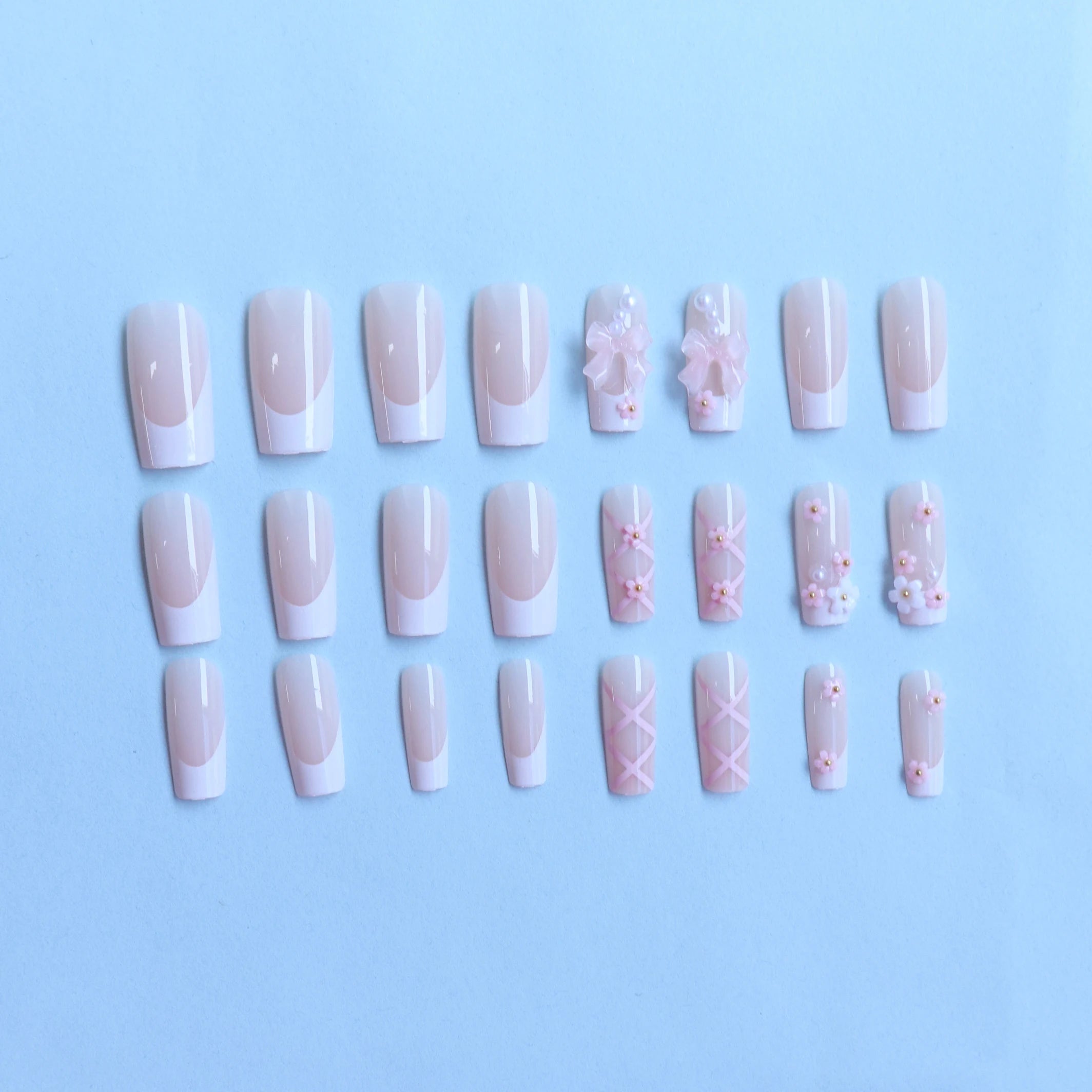 24pcs Summer Pink White Bow Design Fake Nails - Smarsty