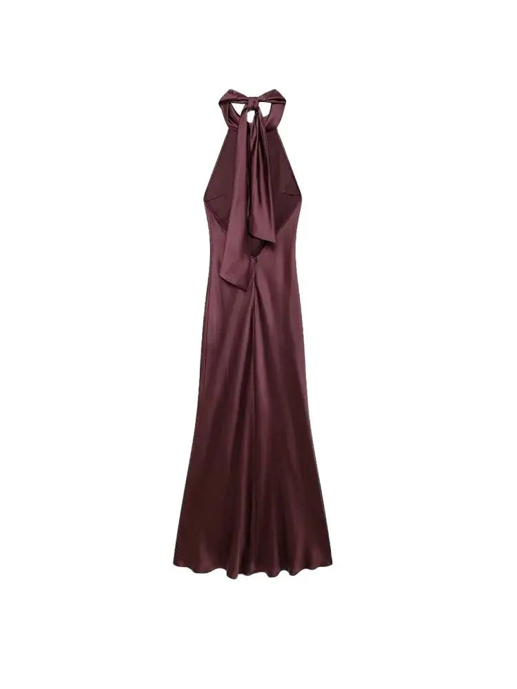 TRZA-Women's Long Satin Halter Dress, Backless, Bow Tied, Back Zipper, Female Dresses, Sexy Fashion - Smarsty