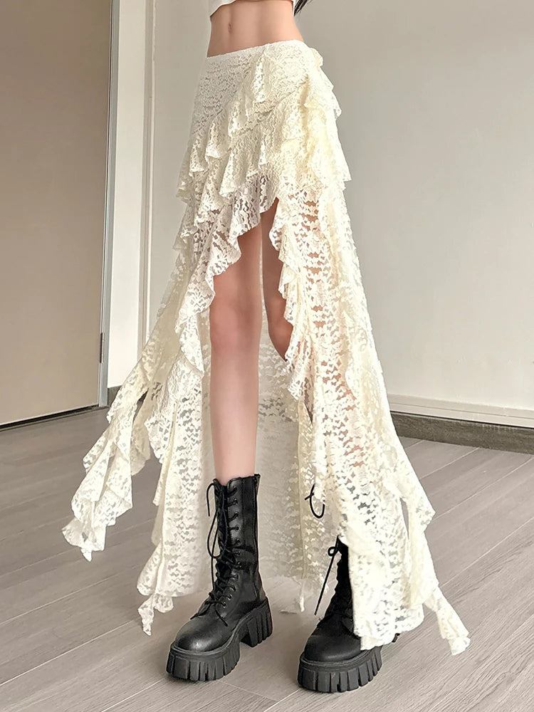 Nibber Tassels Women Skirts Irregular Hem Multi-Layered Ruffles Lace Patchwork Sweet Summer Trend Daily Skinny Versatile Bottoms - Smarsty