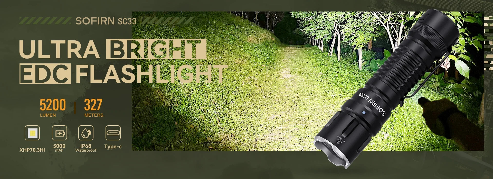 Sofirn SC33 XHP70.3 HI LED Flashlight Tactical 5200lm Powerful 21700 USB C Rechargeable Torch with Tail E-switch Outdoor Light by Smarsty