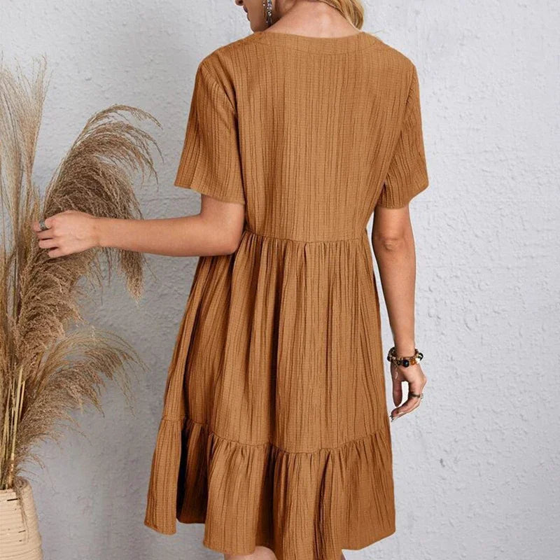2025 Loose V-neck Short Sleeved Pleated Women Dress Solid Color A-line Beach Dresses Elegant Simple Comfortable Woman Clothing - Smarsty