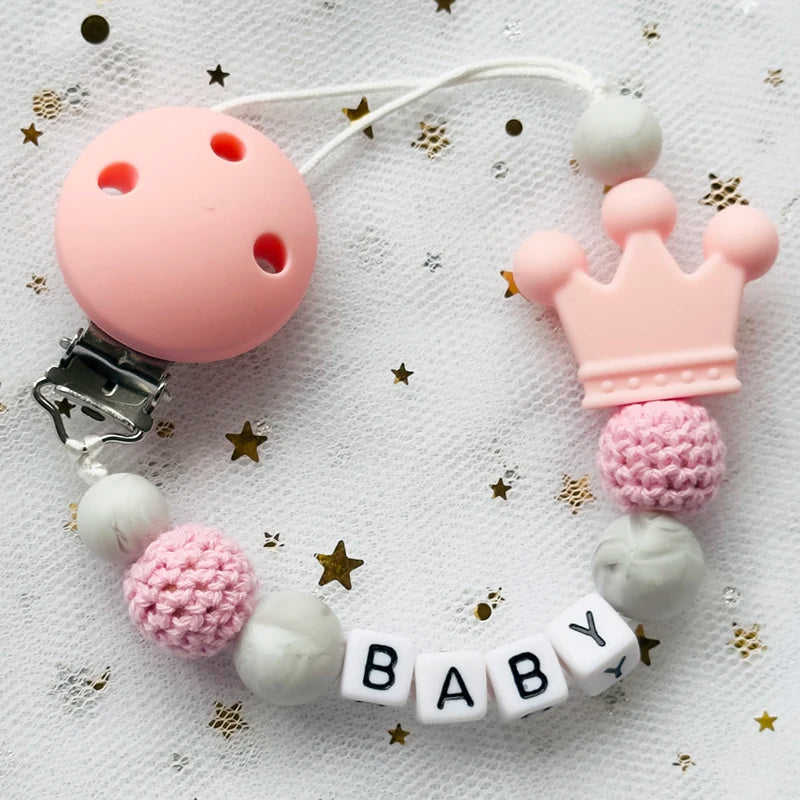NEW Custom Personalized Name Pacifier Clip Handmade Beech Wooden Chain Silicone Crown Holder Soother Baby Teething Toy Chew Gift by Smarsty