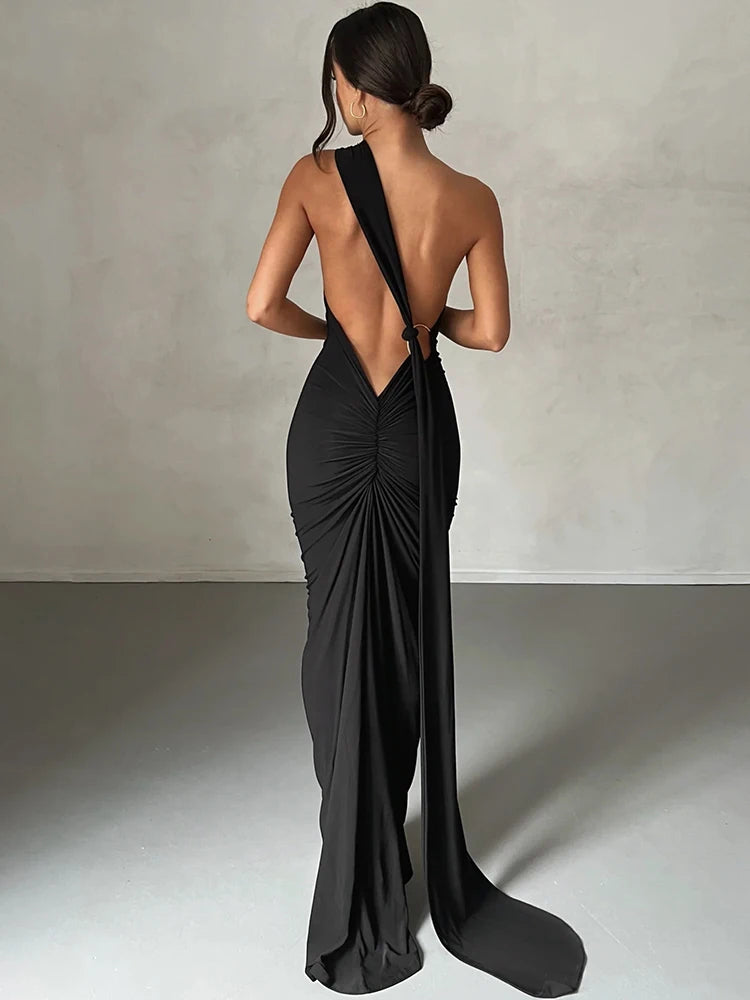 Hugcitar One Shoulder Backless Adjustable Scarf Loop Ruched Sexy Maxi Dress Women Elegant Y2K Streetwear Festival Outfit - Smarsty