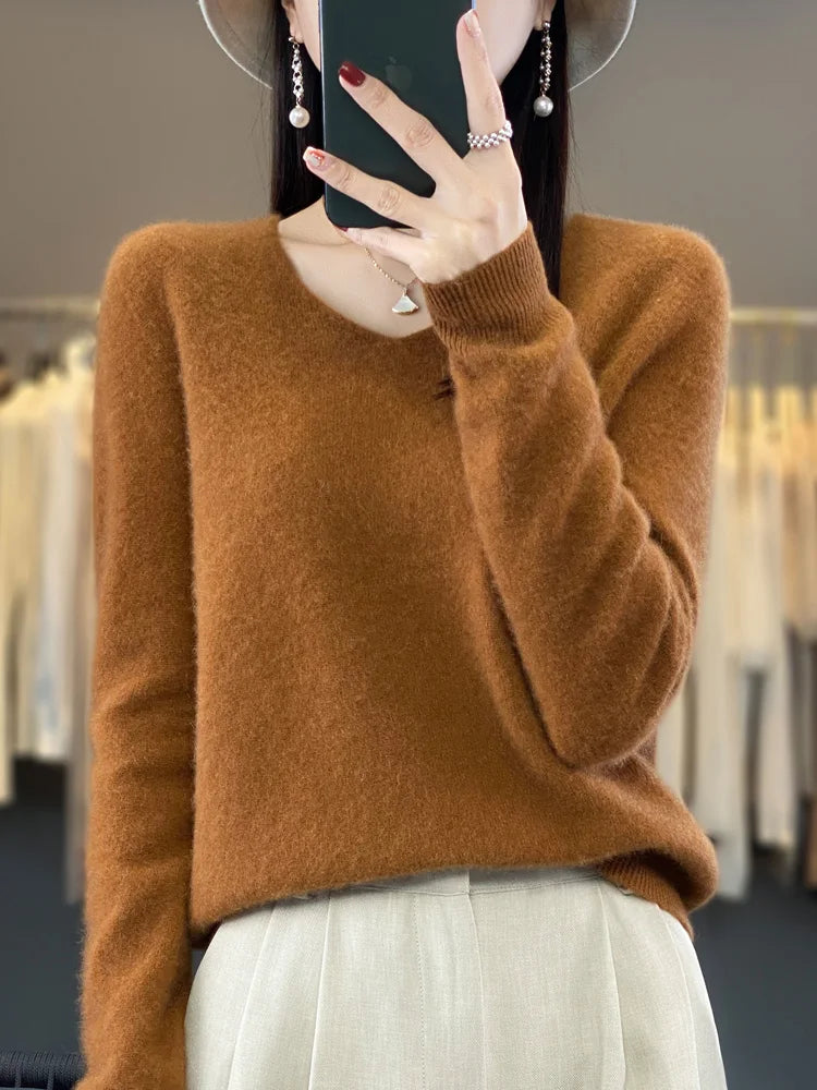 Fashion100% Merino Wool Sweater Cashmere Pullover Women Knitwear V-Neck Long Sleeve Autumn Winter Fashion Basic Clothing Tops - Smarsty
