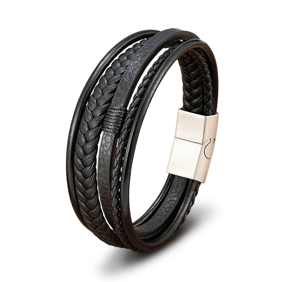 Mens Leather Bracelet Magnetic Buckle Multilayer Bangles - Smarsty