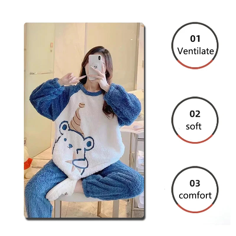 Thickened Warm Flannel Women's Sleepwear Coral Velvet Pajamas Loungewear Winter Cartoon Bear Padded Girl Nightwear Homewear Sets - Smarsty