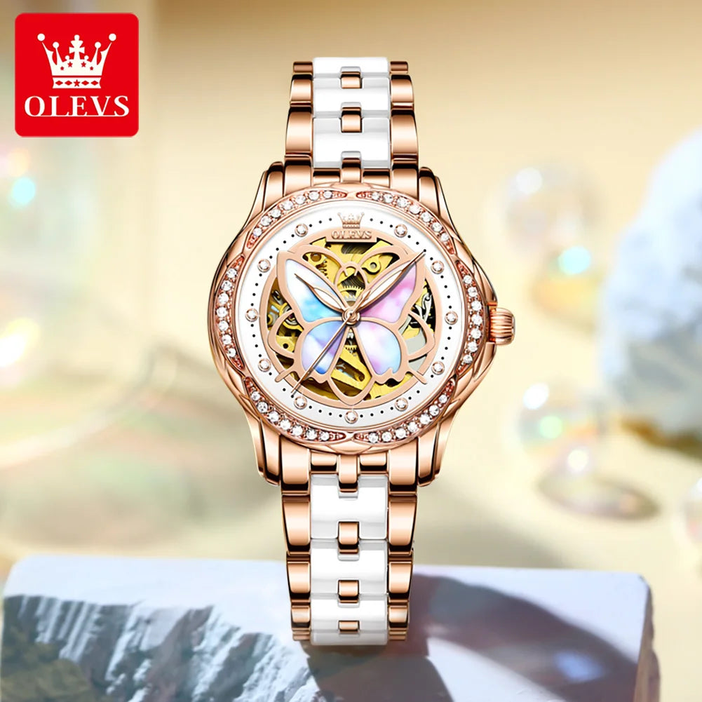 OLEVS 6615 Womens Watch Original Bezel Ceramic Mechanical Automatic Wristwatch Waterproof Luminous Ladies Watch Butterfly Dial - Smarsty