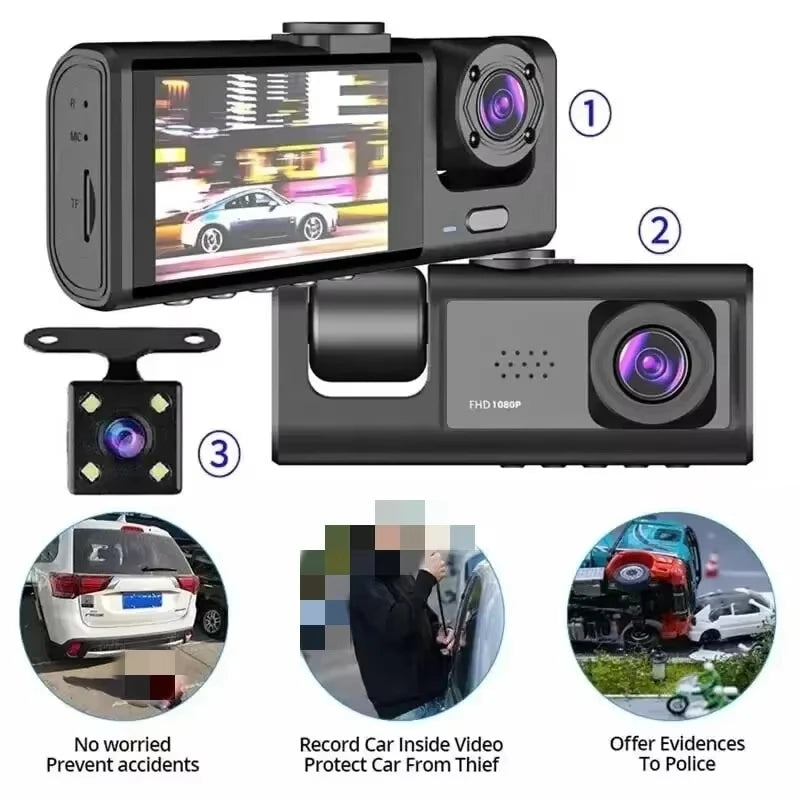 1080P 3 Channel Dash Cam Night Vision Crystal IPS Screen - Smarsty