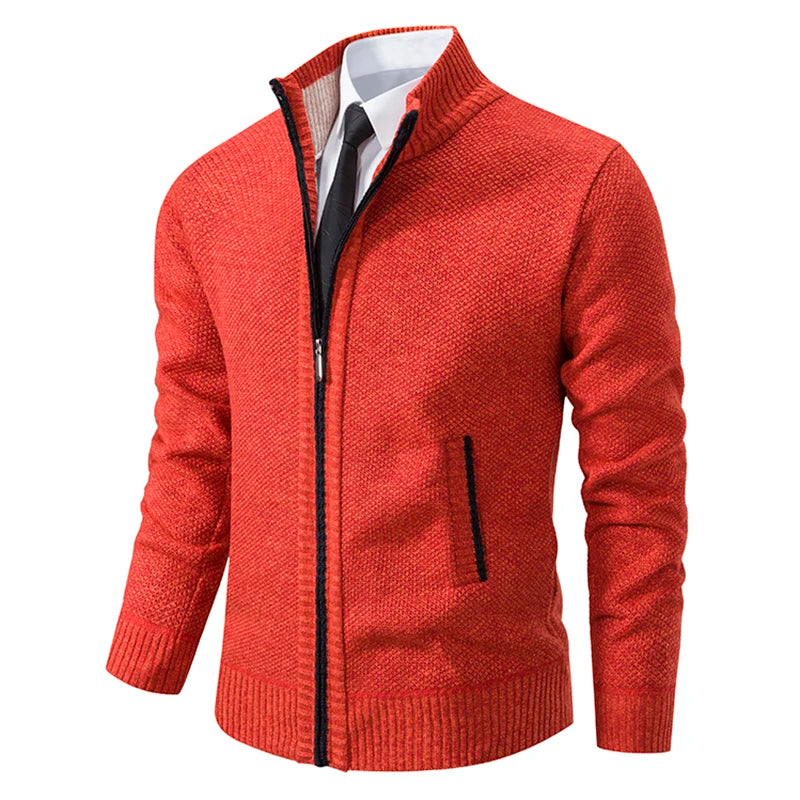 Autumn And Winter New Jersey Men's Casual Sports Coat Solid Color Stand Collar Wweater Grab Fleece Warm Zipper Cardigan - Smarsty
