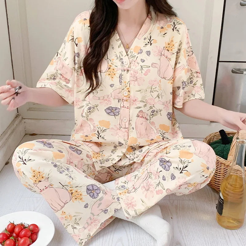 Pigma For Women Cotton Pajama Sleepwear Big Size Pajamas Nightwear Summer Women's Short Sleeved Long Pants Cardigan Pajama Set - Smarsty