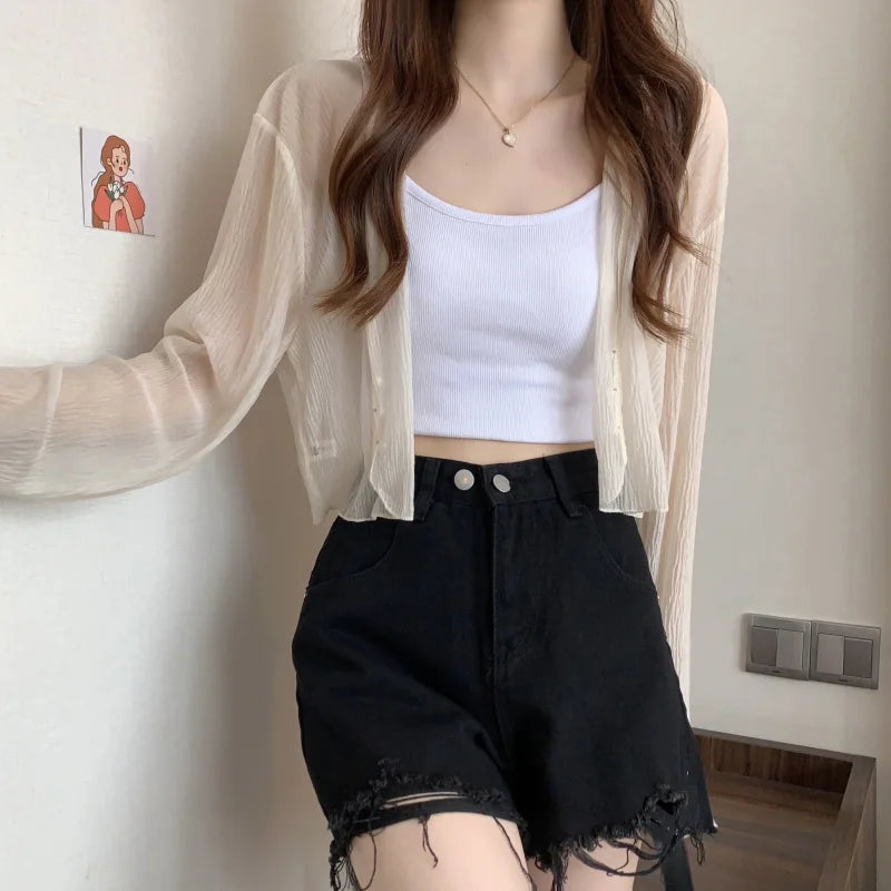 2025 Fairy Style Solid Cardigan Women Summer New Long Sleeve Sunscreen Sweet Beading V-neck Basics Loose Chiffon Cardigan - Smarsty
