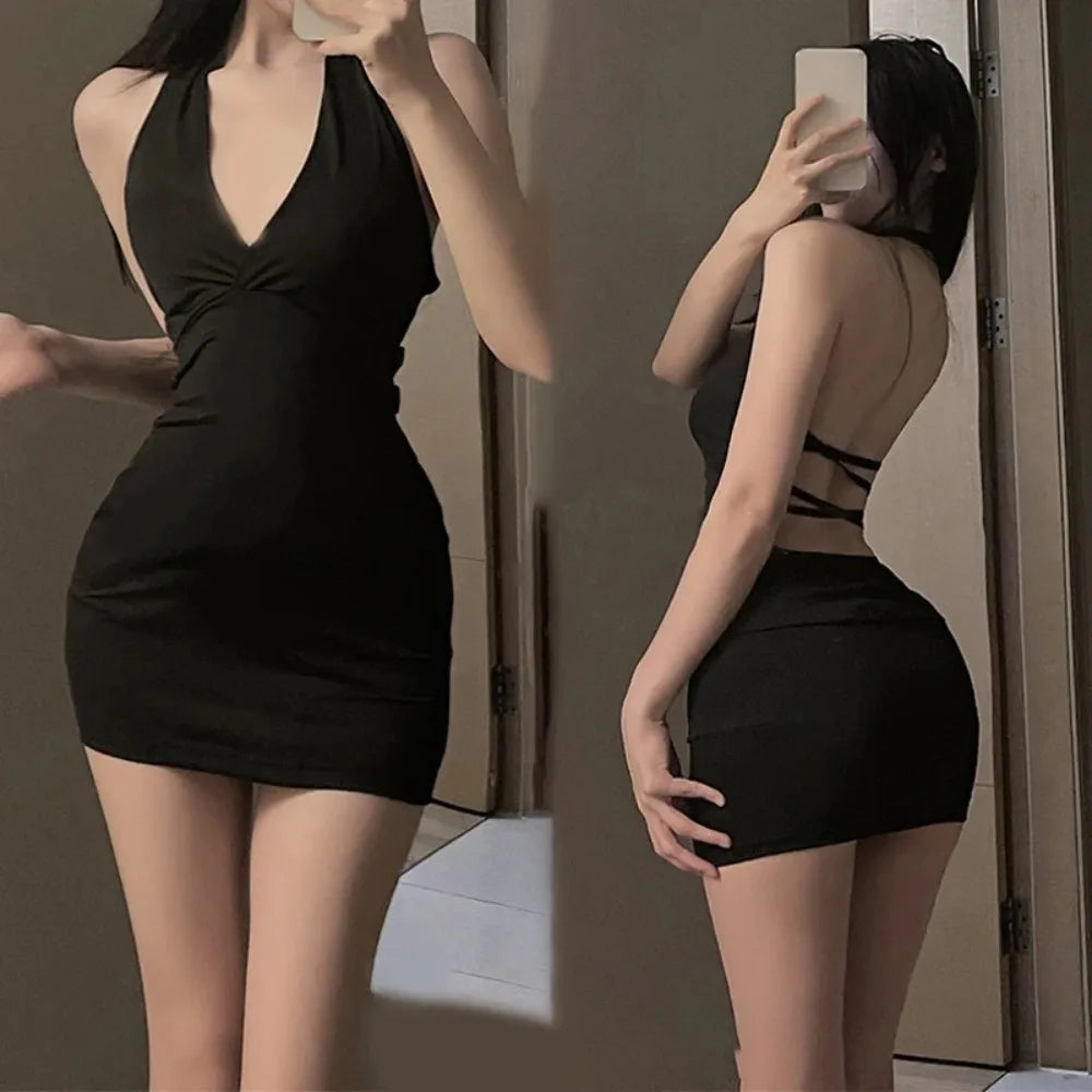 Women Sexy Halter Backless Slim V-neck Wrap Black Party Night Mini Dress - Smarsty
