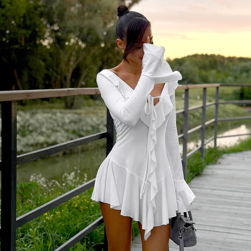 Tossy Ruffled Lace-Up White Mini Dress Women's V-Neck Patchwork Long Sleeve Sexy Slim Dress Bandage Elegant Female Summer Dress - Smarsty