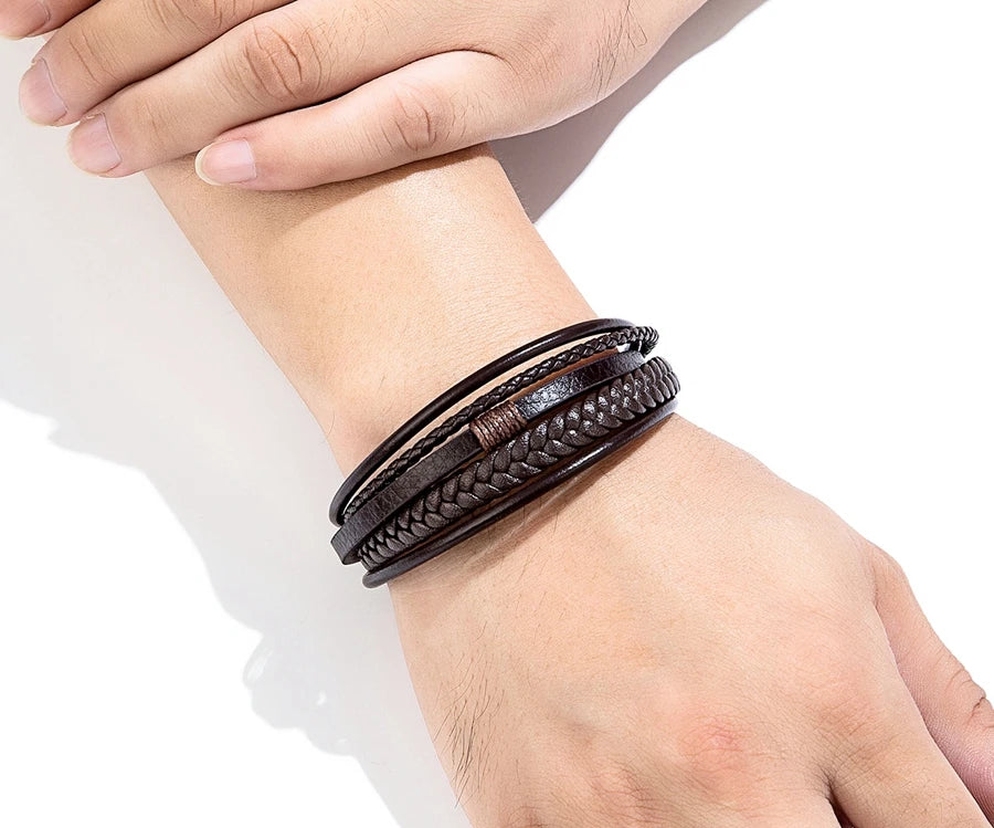 Mens Leather Bracelet Magnetic Buckle Multilayer Bangles - Smarsty