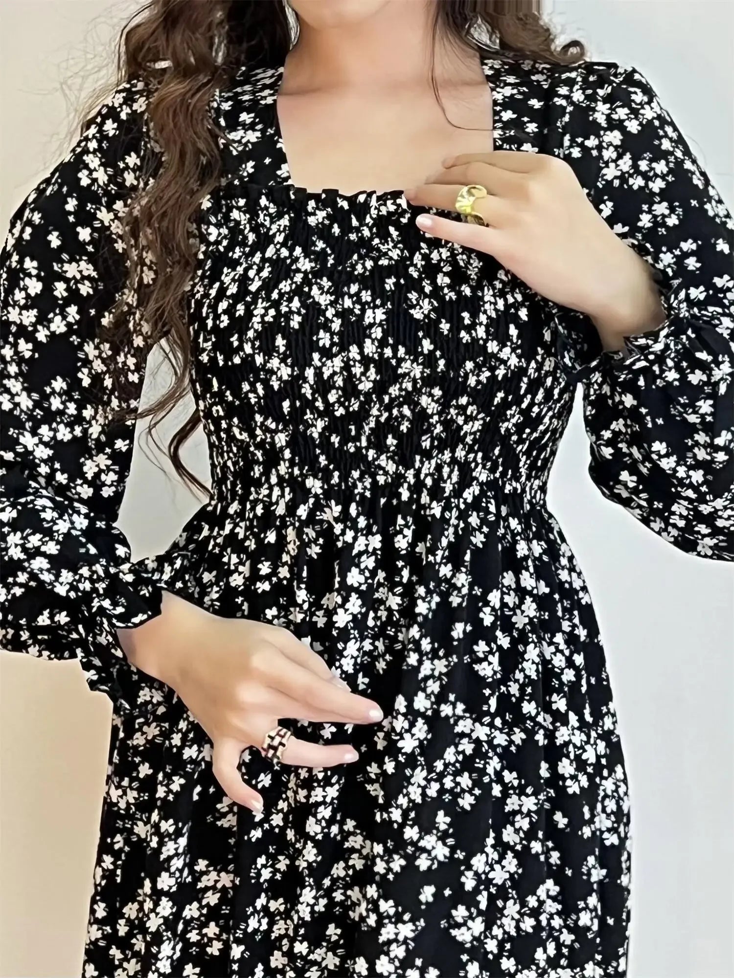Long Sleeve Casual Dress Women Chiffon Dresses Autumn Spring A-line Printed Floral Elastic Chest Lace Up Midi Dresses Vestidos - Smarsty