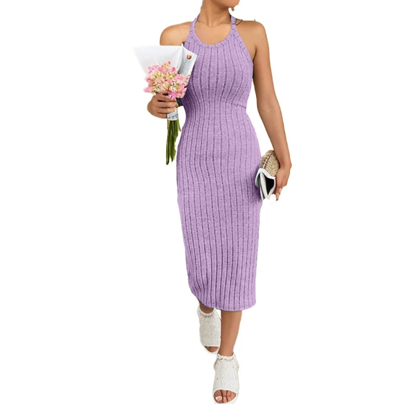 Solid Halter Neck Bodycon Midi Dress High-end temperament vest halter dress women's summer new high-waist slim temperament slim - Smarsty