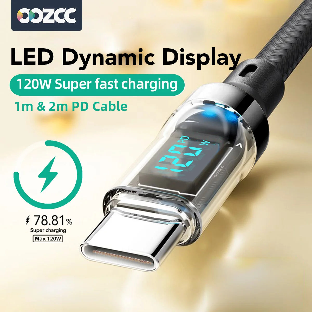 OOZCC LCD Watt Display Cable, Max 120W Super Fast Charging USB Type C Cable Data Transfer, USB A to Lightning for IPhone14 Pro - Smarsty