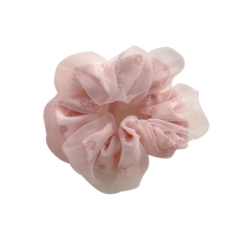 Double Layer Silk Hair Scrunchies Floral Soft Ponytail - Smarsty