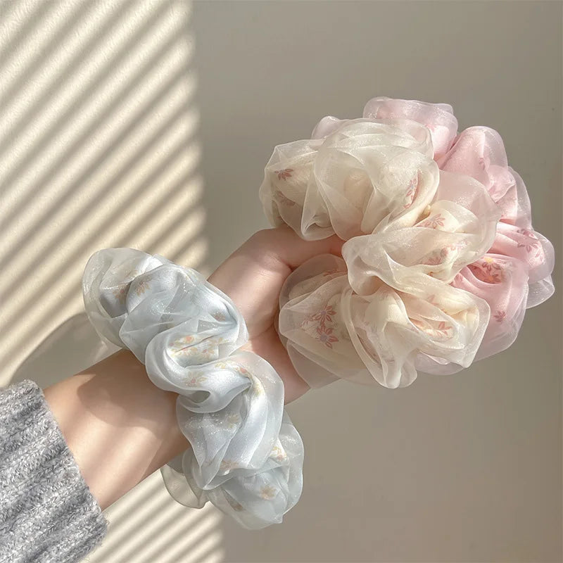 Double Layer Silk Hair Scrunchies Floral Soft Ponytail - Smarsty