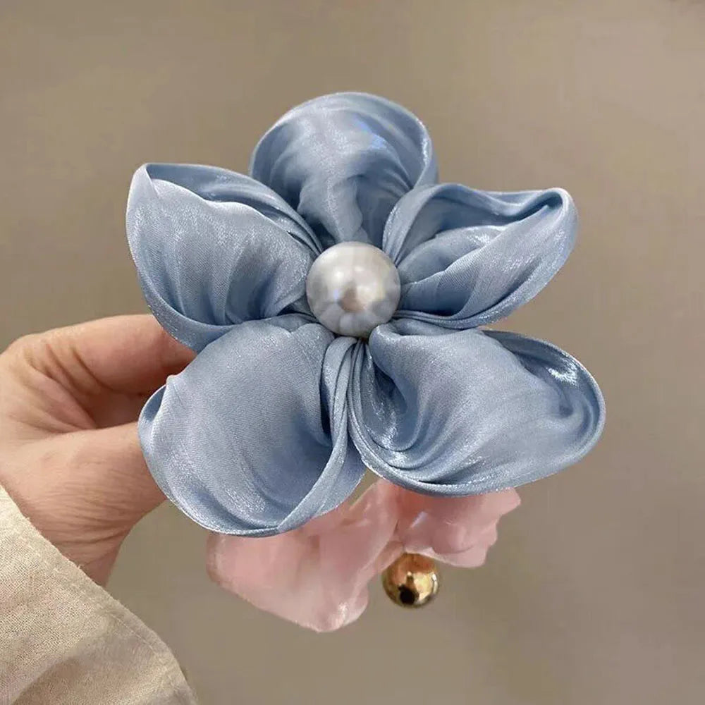 Elegant Pearl Rhinestone Organza Scrunchie For Ponytails - Smarsty