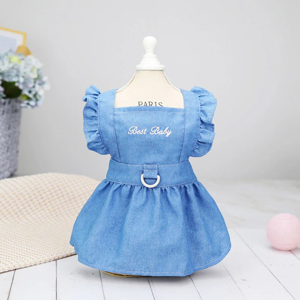 Cute Denim Dress for Small Dogs with Leash Ring - Smarsty