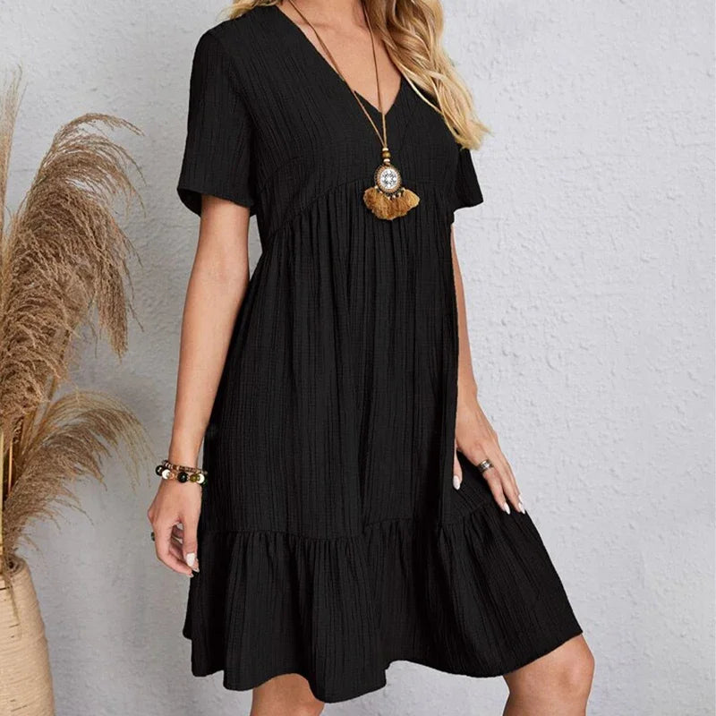 2025 Loose V-neck Short Sleeved Pleated Women Dress Solid Color A-line Beach Dresses Elegant Simple Comfortable Woman Clothing - Smarsty
