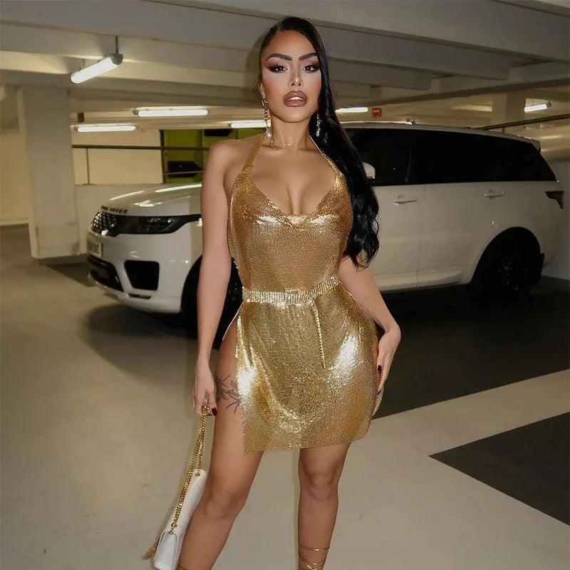 Sexy and Fashionable Women's Elegant Short Dress with Hanging Neck Backless Bottom Chest Sequin Party Girl Dance Dress - Smarsty