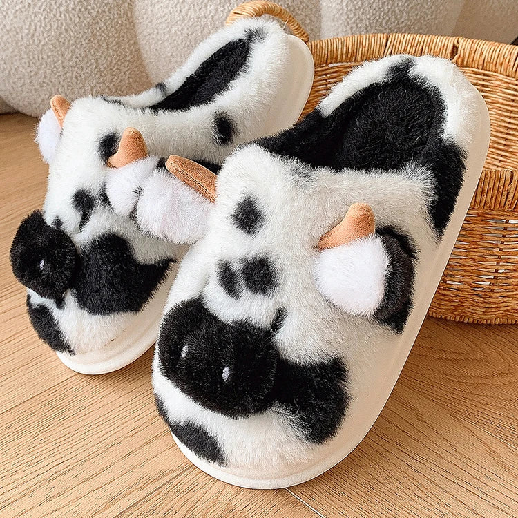 Casual Fluffy Slippers Women House Cute Cartoon Cow Designer Shoes Girl Flat Fashion Elegant Plush Winter Platform Footwear Home - Smarsty