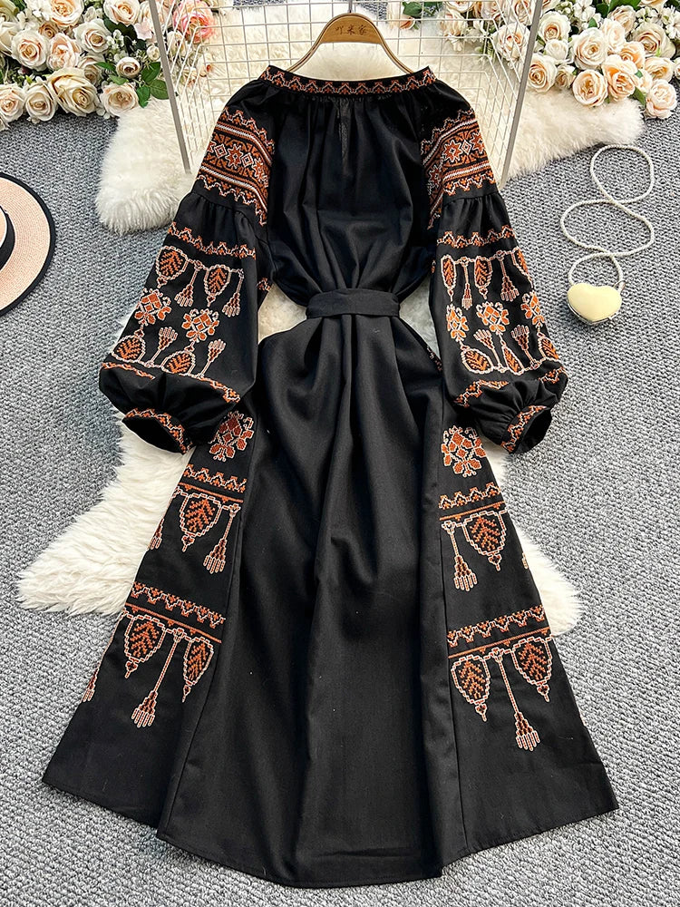 Bohemian Retro Ethnic Style Dress Women's New Spring Autumn Embroidered Lace Up Lantern Sleeves Waist Cinching Long Dress A155 - Smarsty