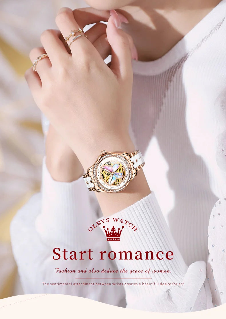 OLEVS 6615 Womens Watch Original Bezel Ceramic Mechanical Automatic Wristwatch Waterproof Luminous Ladies Watch Butterfly Dial - Smarsty