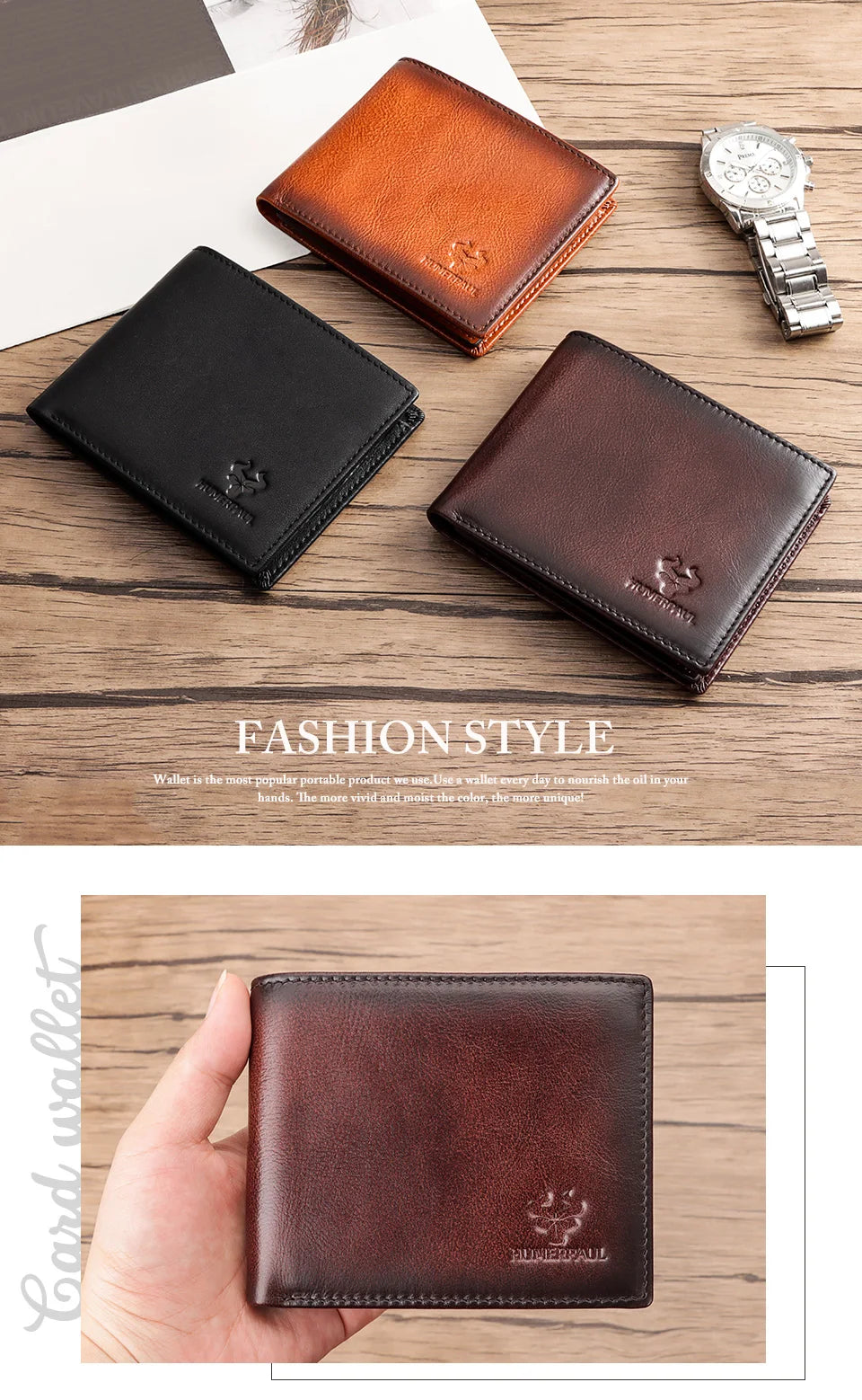 KAVIS Handmade Men's Wallet Genuine Leather RFID Card Holder with ID Window Large Capacity Male Storage Money Bag Fashion