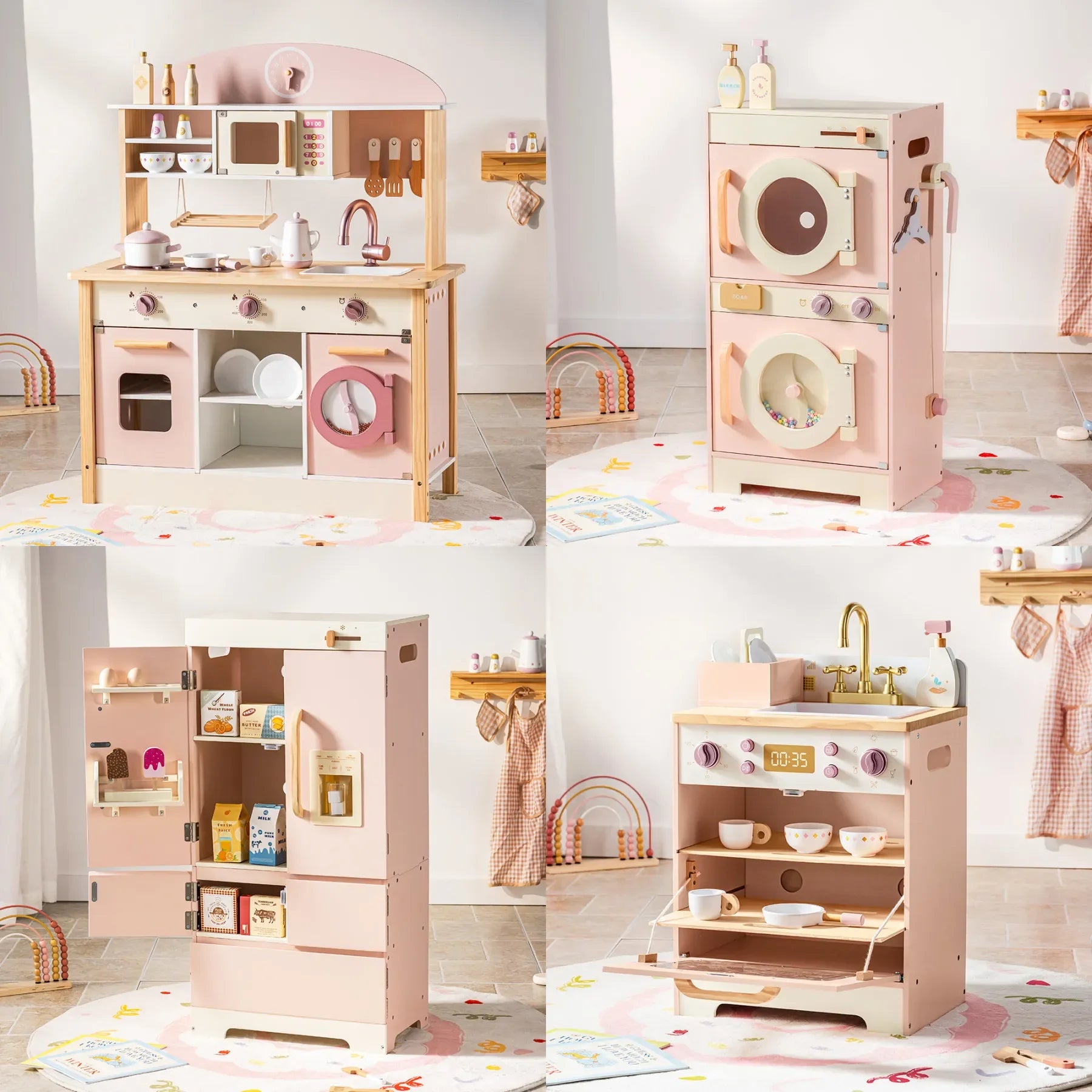 Robotime Robud Kids Corner Kitchen Playset Wooden Play Kitchen Set with Realistic Sound Pretend Play Gift for Boys Girls Pink by Smarsty
