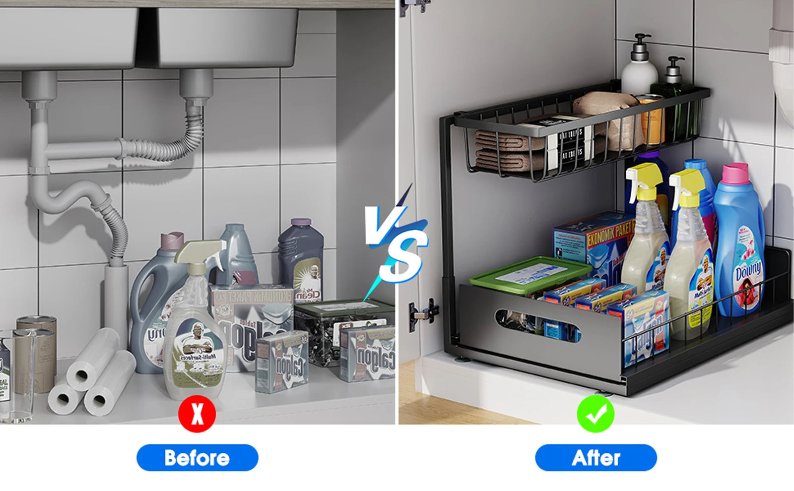 Under Sink 2 Tier Sliding Cabinet Basket Organizer Drawer Pull Out Cabinet Multi-Purpose Sink Organizer for Bathroom Kitchen by Smarsty