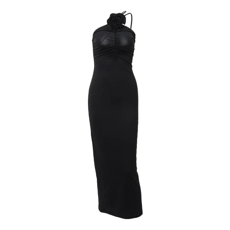 WhereMery Elegant Women Solid Sleeveless Slim Dress Aesthetic Oblique Strap Backless Prom Dresses Fashion Evening Party Clothing - Smarsty