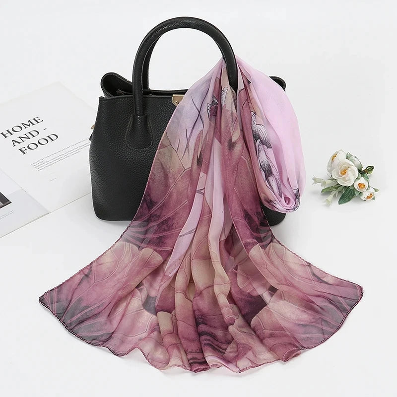 Lightweight Silk Lotus Print Scarf for Women Sun Protection - Smarsty