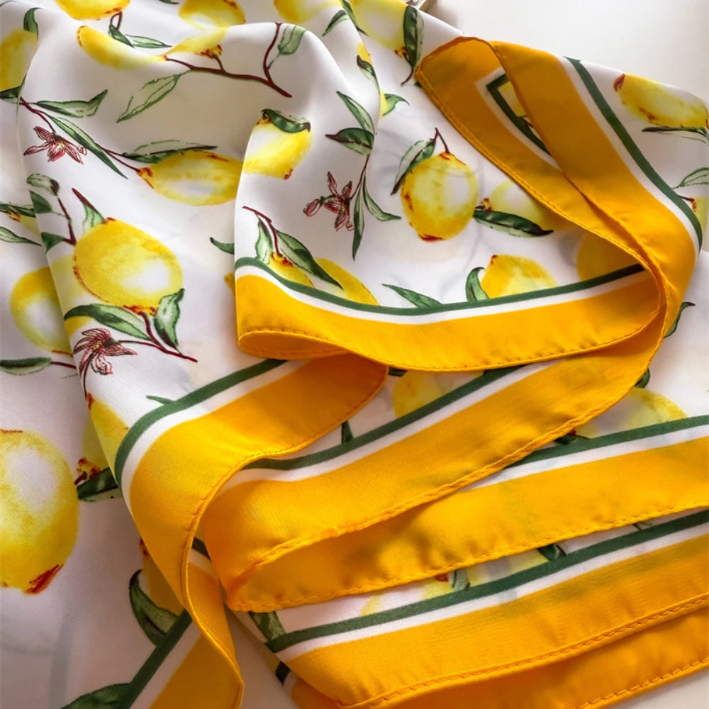 Summer Satin Neck Scarf for Women with Bright Lemon Print - Smarsty
