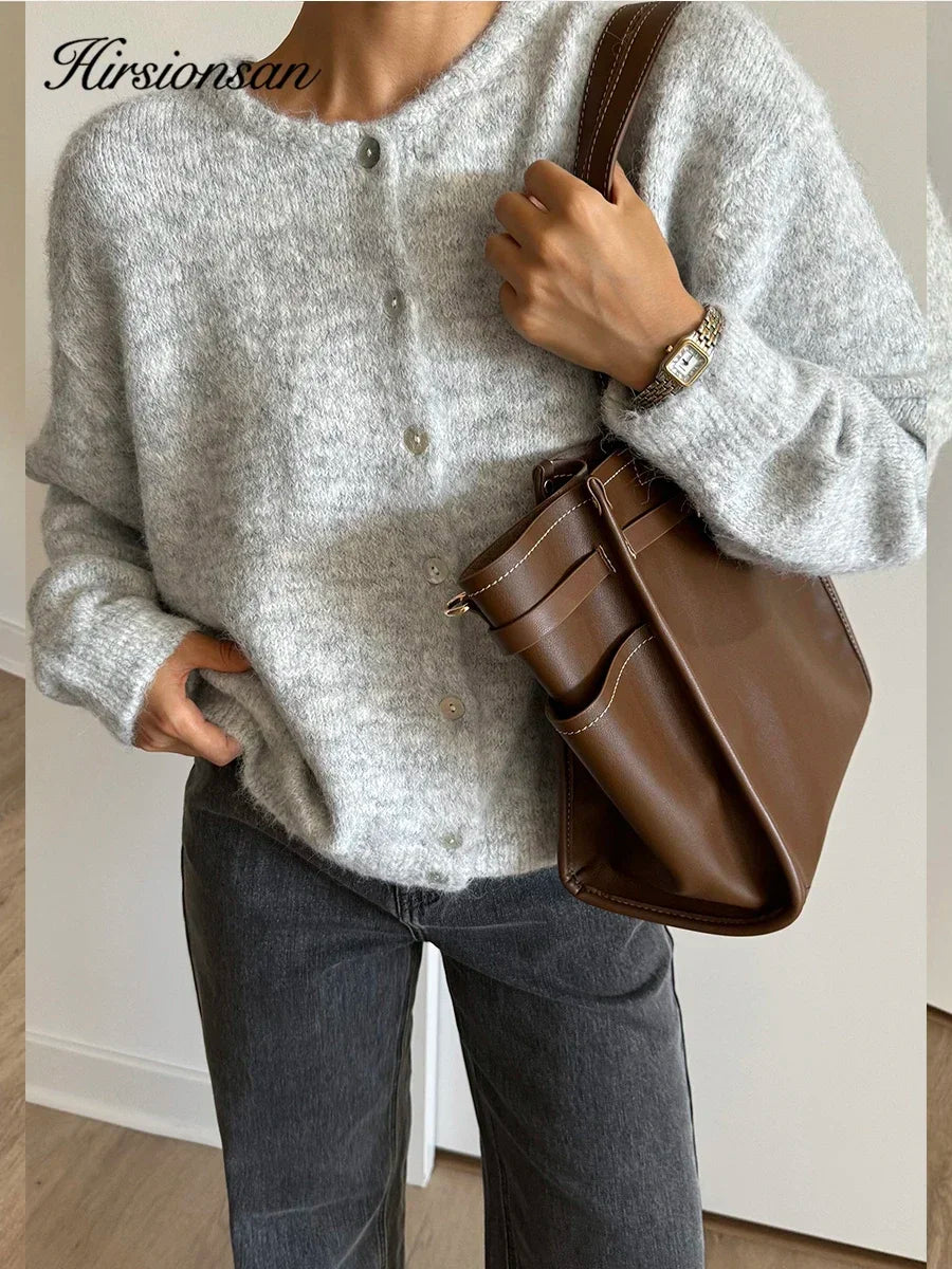 Hirsionsan Elegant Long Sleeve Sweater Women 2024 New Single-Breasted Female Casual Cardigan Soft Cashmere Knitted Outwear - Smarsty