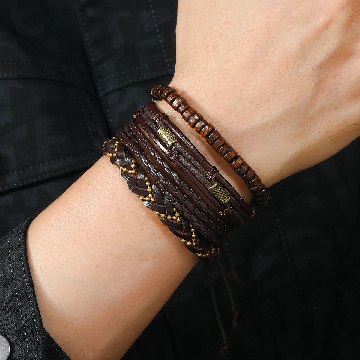 Vintage Leather Men Bracelet Woven Brown Wood Beads - Smarsty