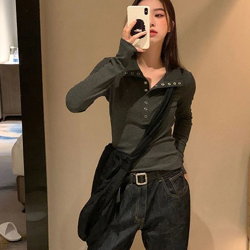 Fall Winter Long Sleeve Knit Pullovers Woman Y2K High Street Button Up Sweaters for Women Vintage Gray Ribbed Bottoming Tops - Smarsty