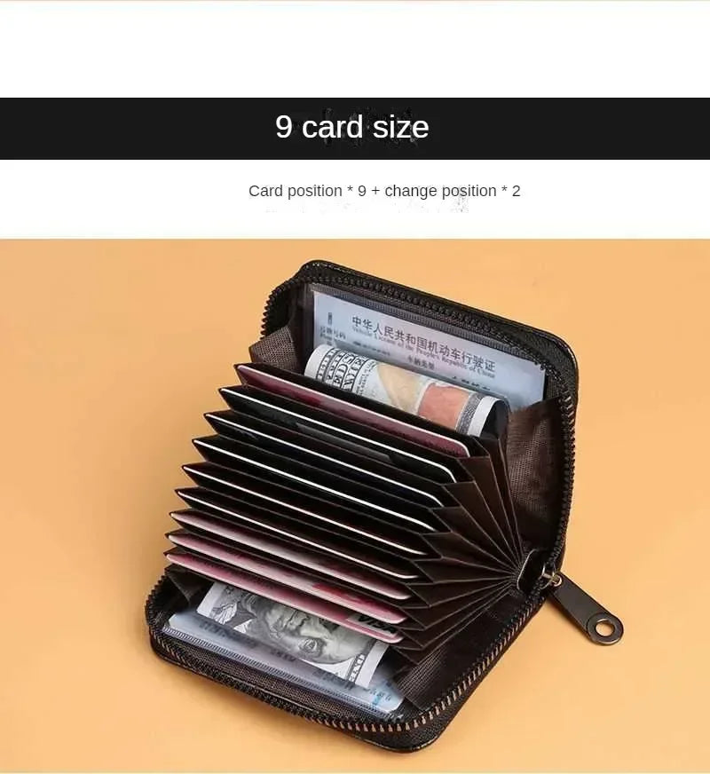 Multi Slot Card Holder Vintage Small Wallet Women Men Business Bank Credit Card Bag Male Coin Pouch Solid Leather Zipper Wallet - Smarsty