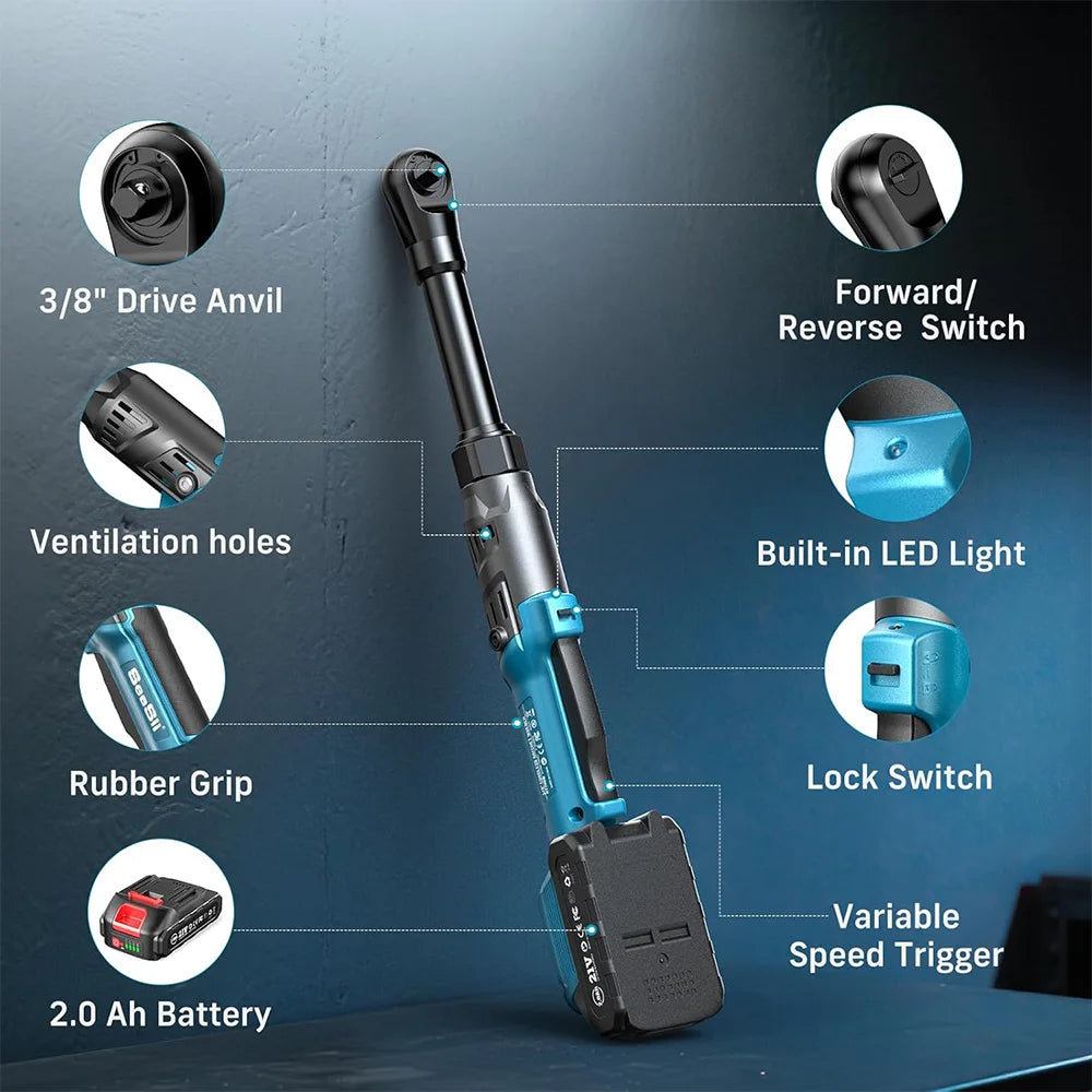 Seesii 3/8" 21V Cordless Electric Wrench 80Nm 6.3'' Extended Electric Ratchet Wrench Rechargeable Angle Wrench Car Repair Tools - Smarsty