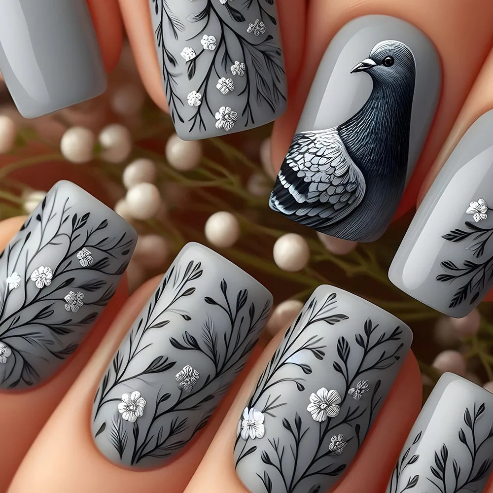 24 Piece Set Medium Long Press On Nails with Peach Flower Design - Smarsty