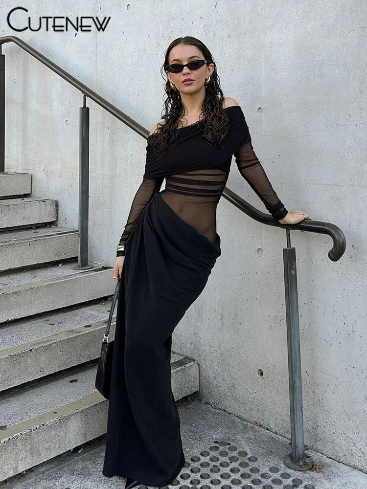 Cutenew Mesh Ruched Women Maxi Dress Sexy See Through Off Shoulder Long Sleeve Sheath Vestidos Female Midnight Party Solid Robe - Smarsty