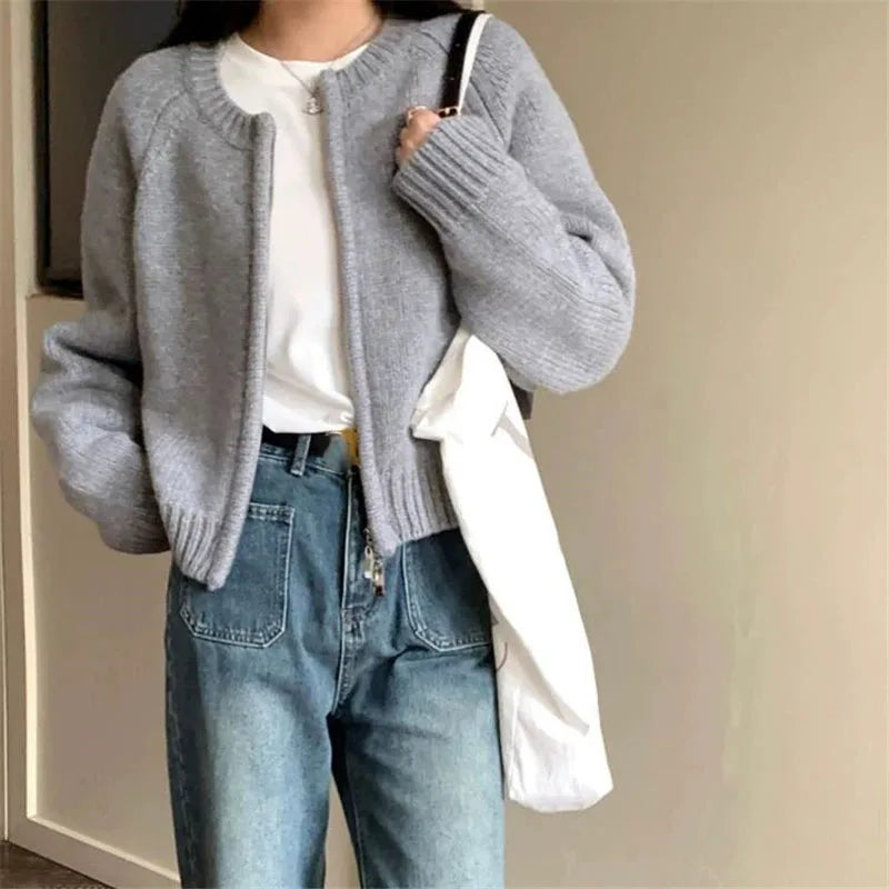 Autumn Winter Short Knitting Cardigan Women Solid Color Long Sleeve Round Neck Sweater Jacket 2025 Casual Zipper Sweater Coats - Smarsty