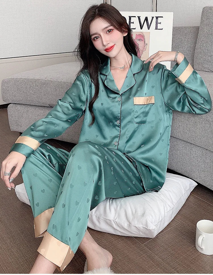 Top Autumn New Ice Silk Women Pajama Lapel Button Cardigan Outfits for Women 2 Piece Set Fashion Printing Set Clothes for Women - Smarsty