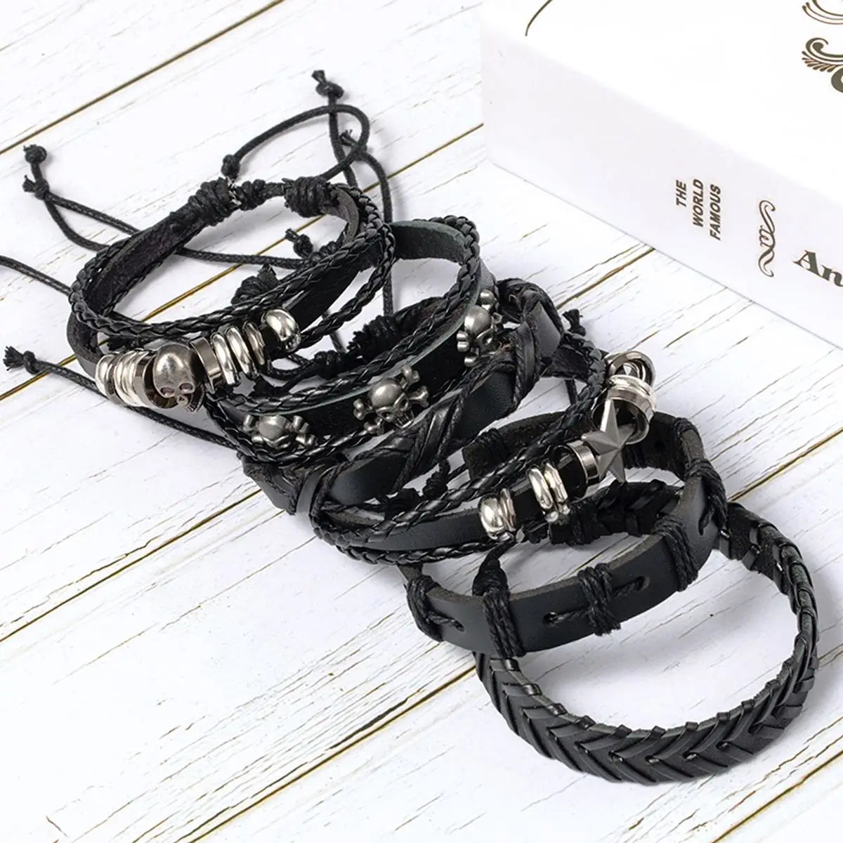 6pcs Black Punk Skull Leather Bracelets Set - Smarsty