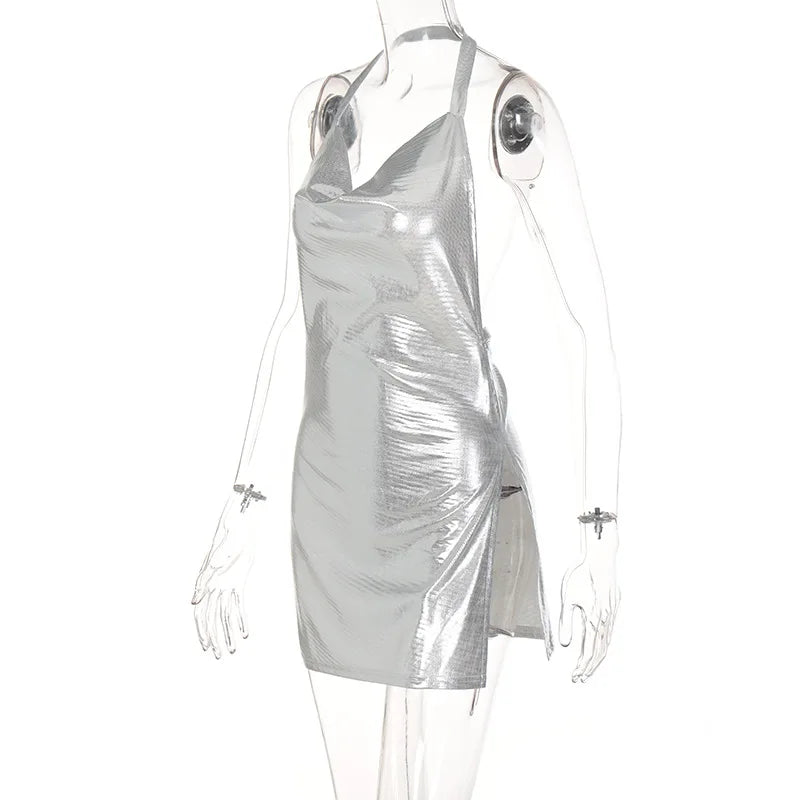 Sexy and Fashionable Women's Elegant Short Dress with Hanging Neck Backless Bottom Chest Sequin Party Girl Dance Dress - Smarsty