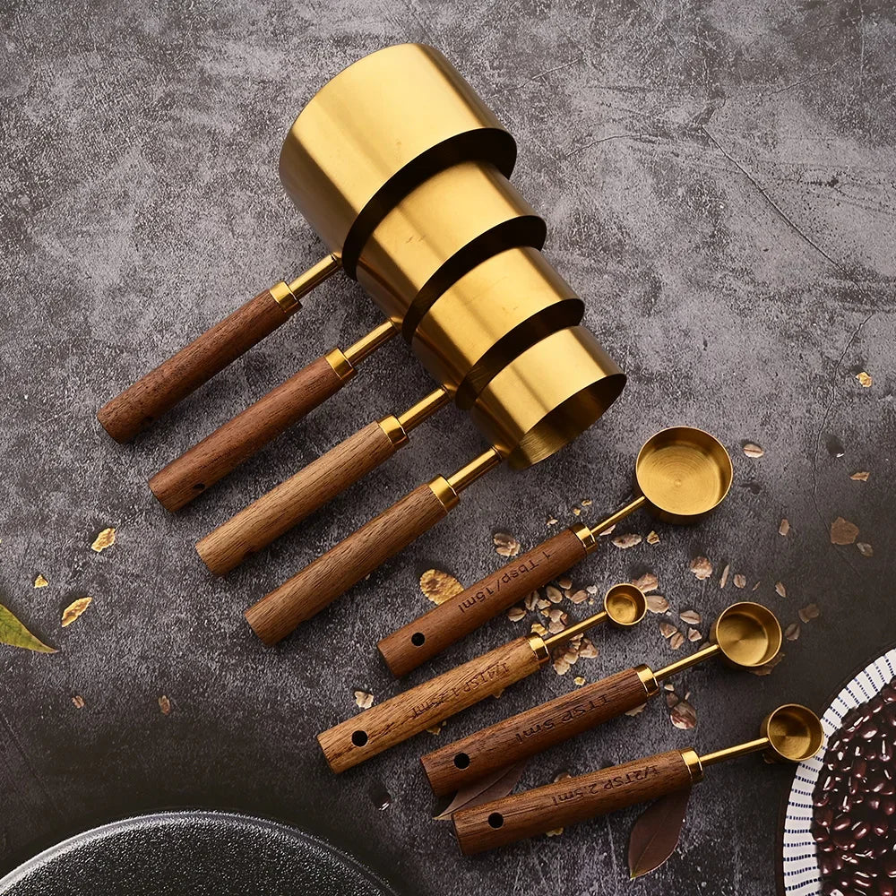 Gold Wooden Handle Stainless Steel Measuring Cups Set - Smarsty