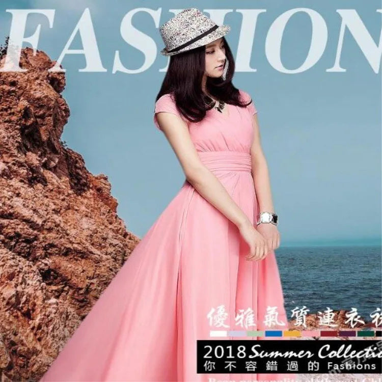 Women's Short-Sleeved Chiffon Evening Dress, Female Party Dress, Monochromatic, Bohemian, Long, Elegant, New, 2022 - Smarsty