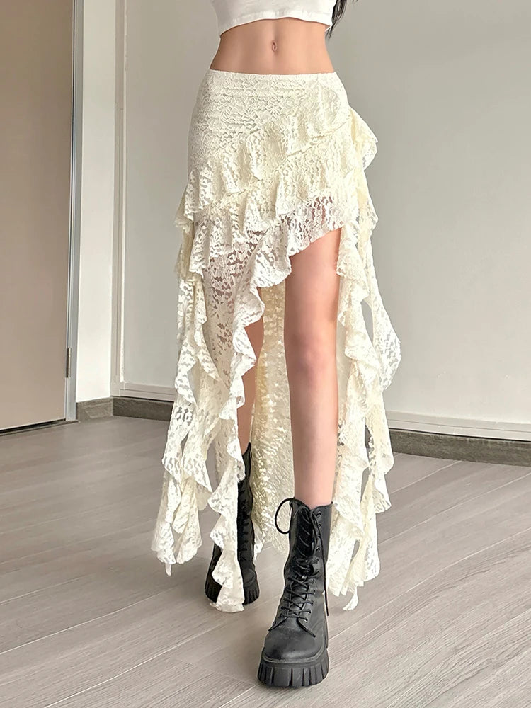 Nibber Tassels Women Skirts Irregular Hem Multi-Layered Ruffles Lace Patchwork Sweet Summer Trend Daily Skinny Versatile Bottoms - Smarsty